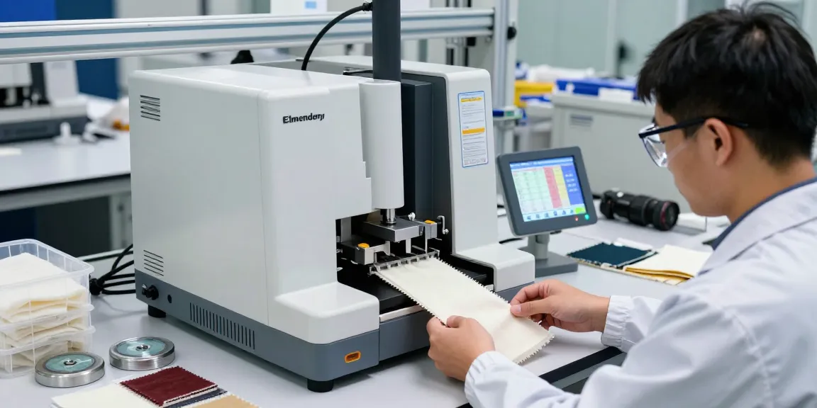 Tearing strength test method showcased with Elmendorf tester measuring fabric samples in a professional lab setting.
