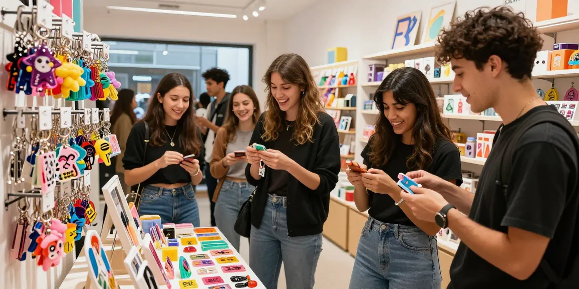 Explore custom keychains with friends in a trendy store, showcasing vibrant designs and personalization.