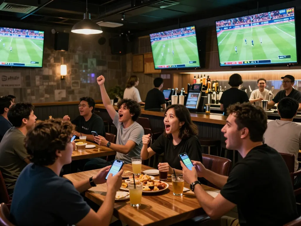 Socolive trực tiếp bóng đá scene with fans cheering, engaging and placing bets on smartphones during soccer games