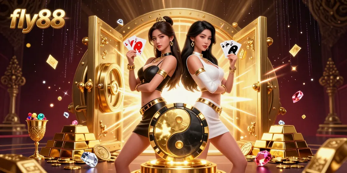 Engage with fly88's thrilling casino experience featuring twin Asian women holding playing cards amidst golden treasures and dynamic casino elements.