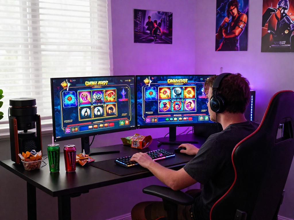 Engaging scene of a player enjoying slot gacor games in a vibrant home gaming setup.