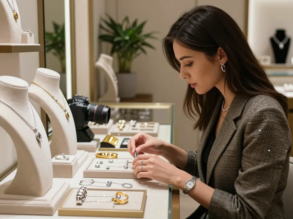 Stylish woman trying on сребърни гривни in luxury boutique setting, showcasing elegant designs.