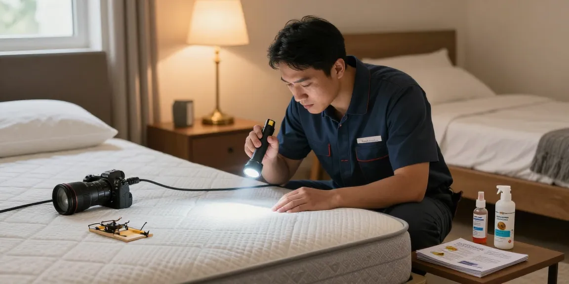 Bed bug pest control professional inspecting a cozy bedroom for bed bugs, emphasizing discreet and effective treatment.