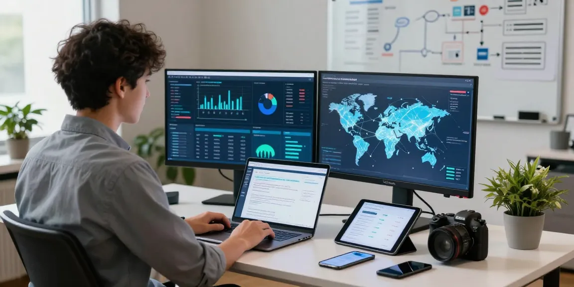 Professional workspace showcasing advanced Residential proxies technology with data analytics and global connectivity.