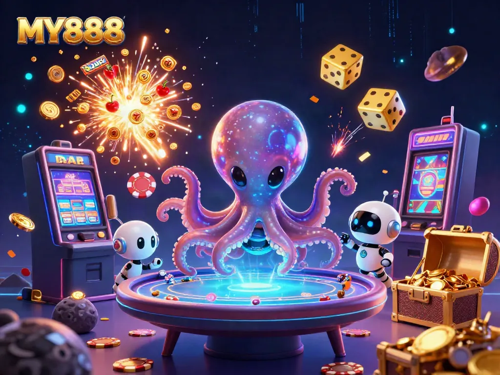 Experience MY888 gaming excitement with an alien octopus at a holographic poker table amidst dazzling casino elements.