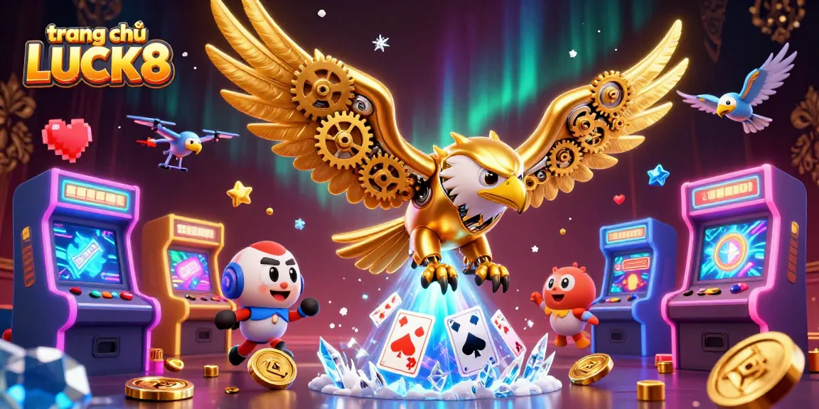Experience the vibrant gameplay of trang chủ LUCK8, featuring a cybernetic eagle in a casino-themed digital adventure.