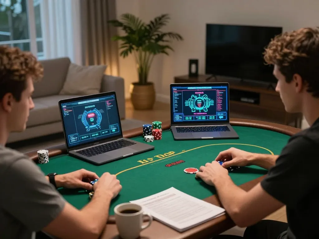Player enjoying man club online poker game in stylish living room ambiance