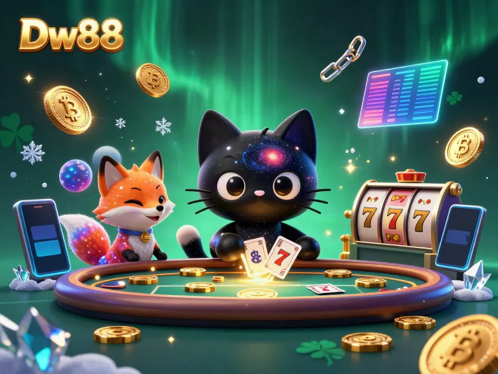 Experience the cosmic allure of Dw88 in a colorful casino scene with a black hole cat and a nebula fox.