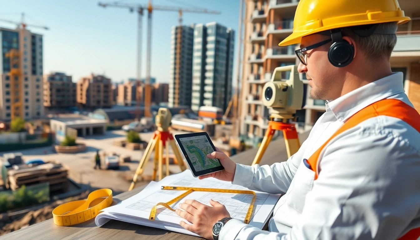Measured building surveys Surrey conducted by a professional land surveyor with advanced surveying equipment in an urban environment.