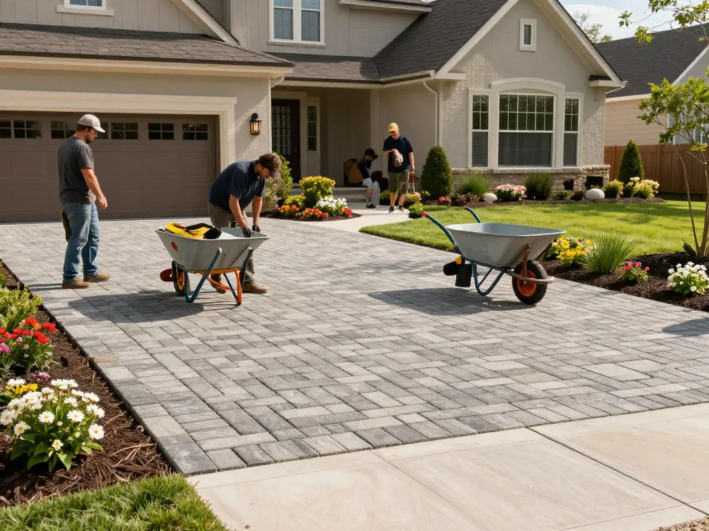 Paver driveway near me installation at a luxury home with skilled contractors laying elegant stones.