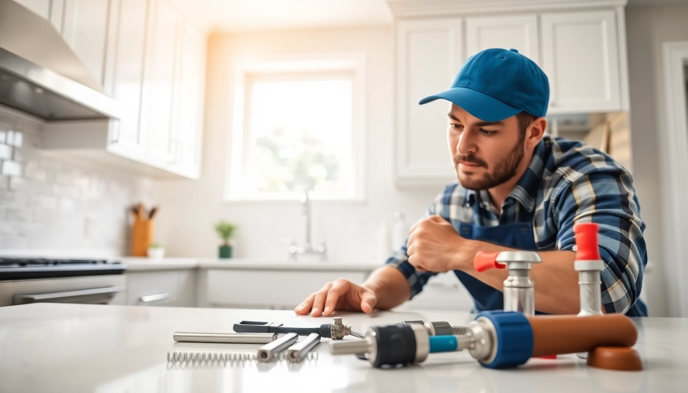 Find reliable plumber near me fixing issues in a bright, modern kitchen.