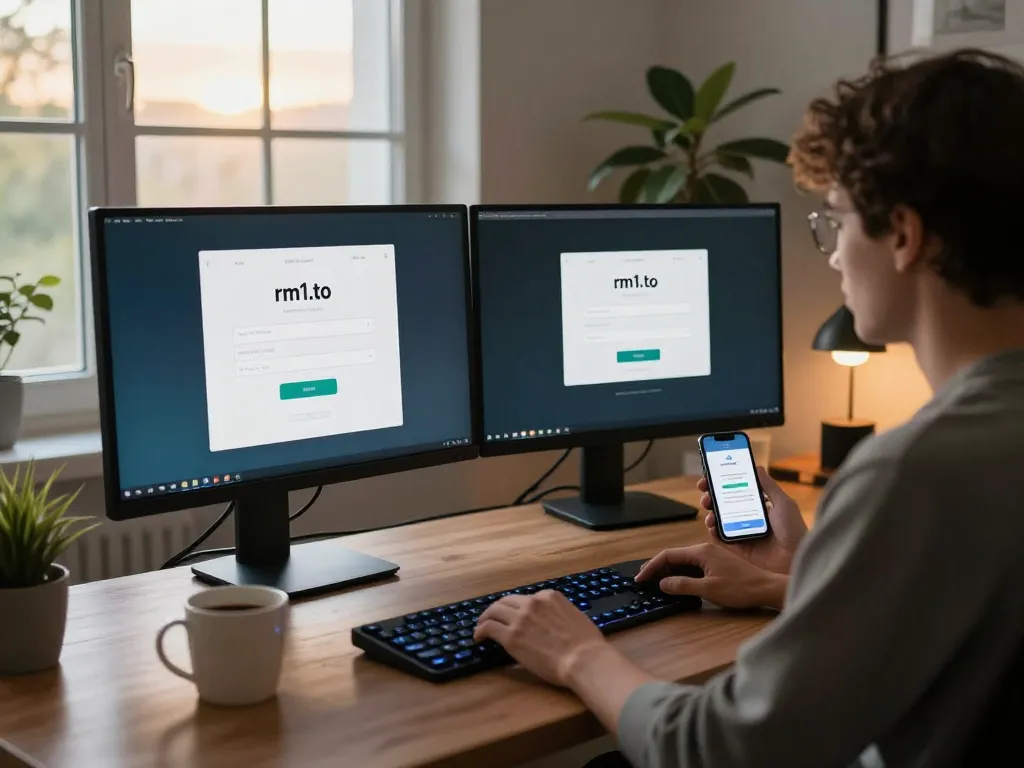 Secure rm1.to login scene featuring user accessing dashboard with dual monitors.
