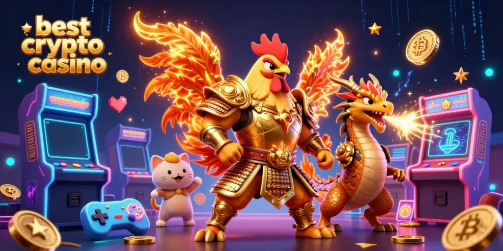 Engage with the best crypto casino, featuring dynamic characters and thrilling gaming elements in a vibrant setting.