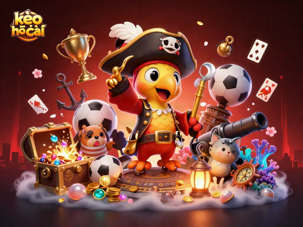 Kèo nhà cái scene with a pirate captain and comrades surrounded by sports betting elements, illustrating a dynamic gambling experience.