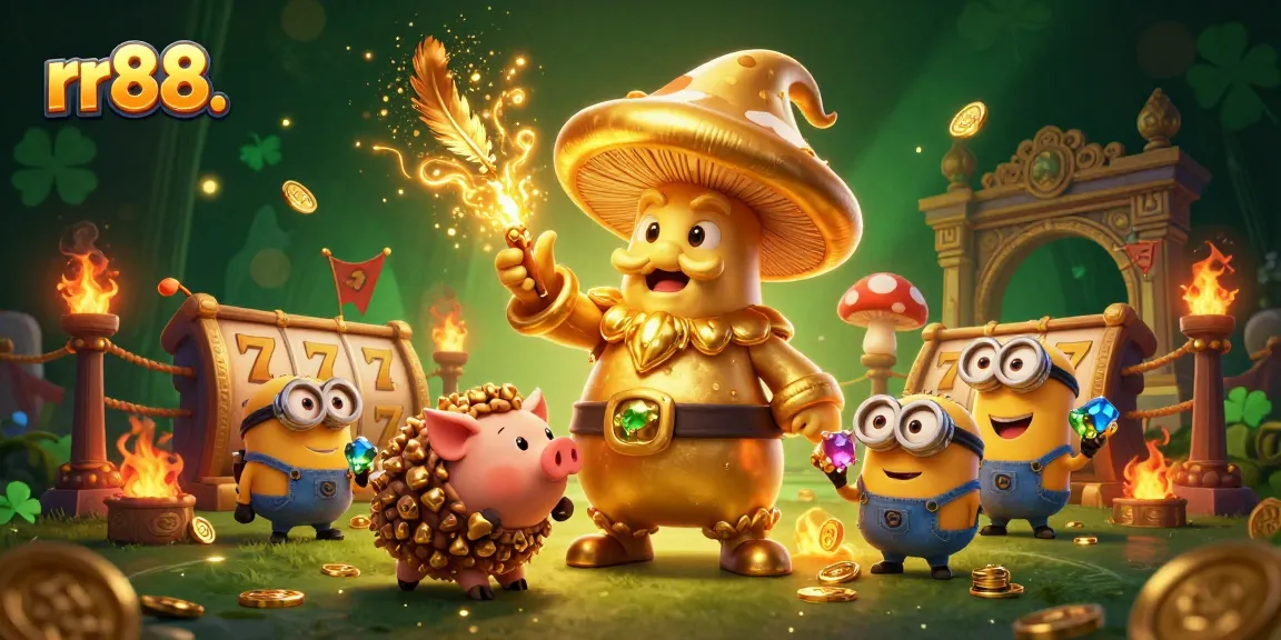 Spin and win at rr88. Enjoy a treasure hunt with the golden wizard and truffle pig in a dynamic casino scene.