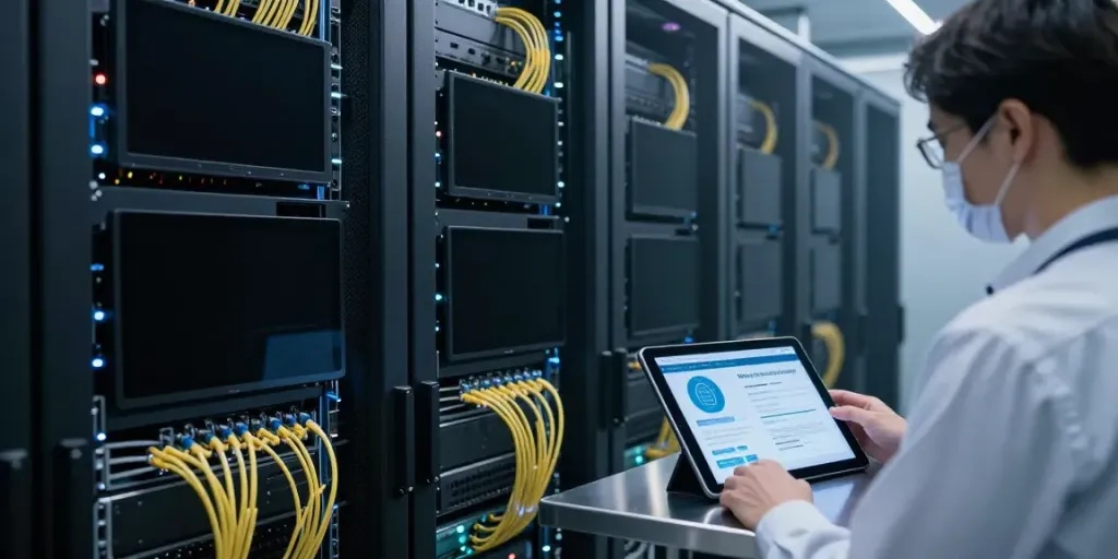 Web app vulnerability assessment conducted in a modern data center with illuminated servers and cybersecurity metrics.