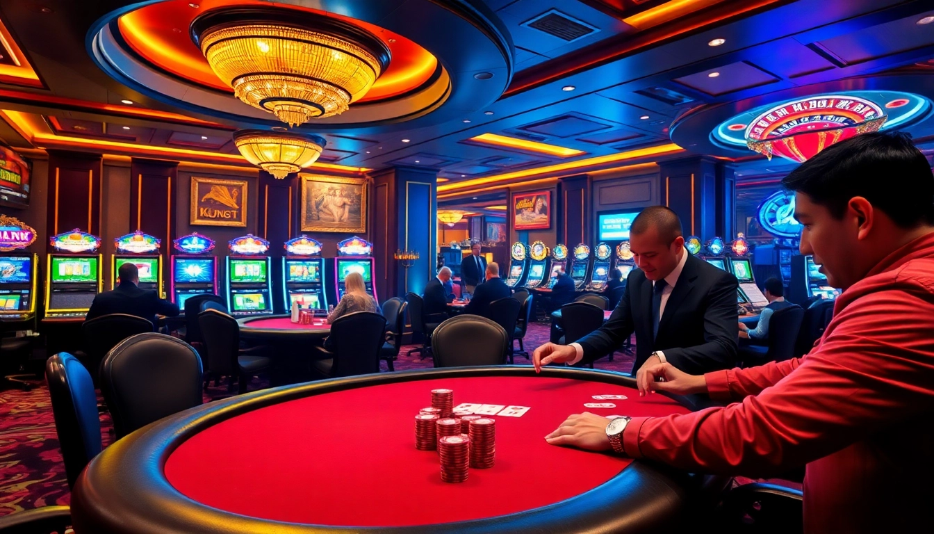 KONG88 players engaging in high-stakes poker with vibrant slot machines and roulette wheel.