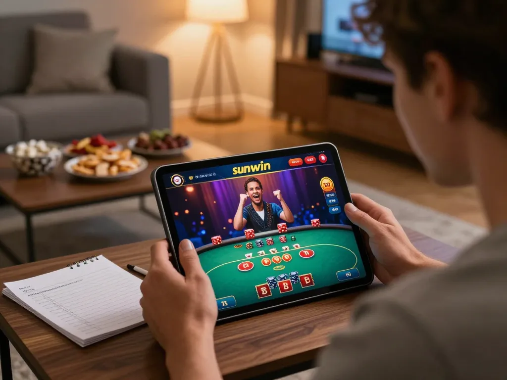 Player engages with sunwin online casino app on tablet, showcasing exciting gameplay atmosphere with snacks and notes.
