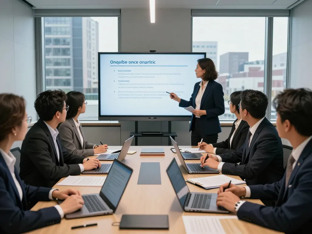 Technology compliance lawyer Ontario presenting strategies in a modern legal office.
