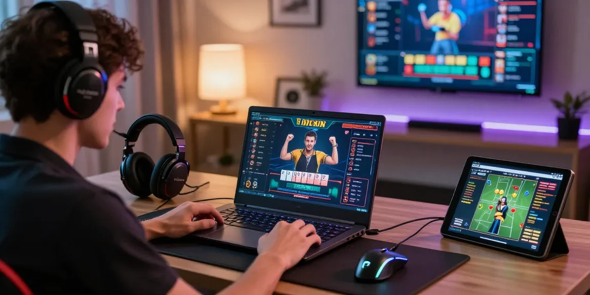 Baccarat online gaming session showcasing a player celebrating a win with gaming equipment in a stylish setup.