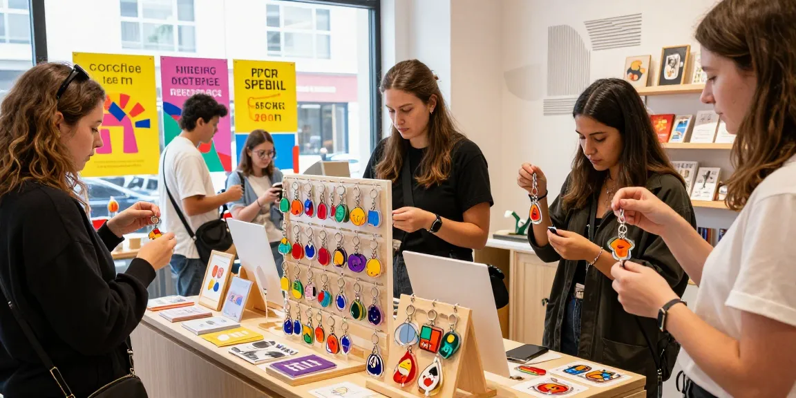 Custom acrylic keychain shopping experience with customers exploring vibrant displays and designs.