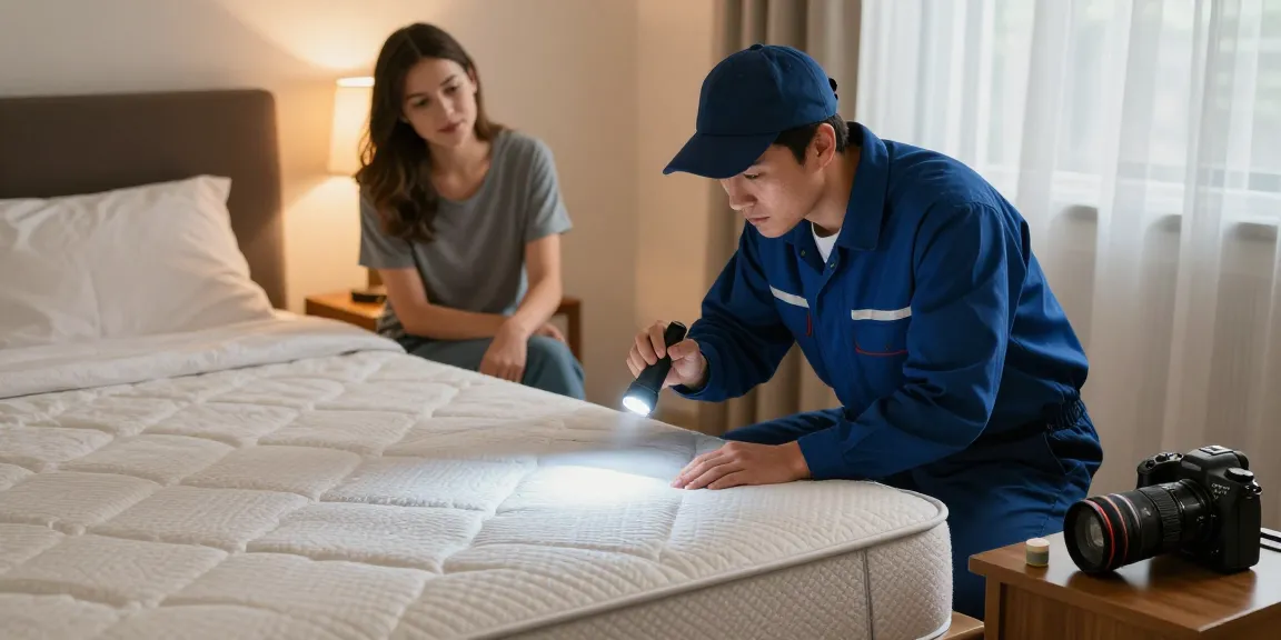Expert bed bug removal in a discreet bedroom inspection by a professional exterminator.