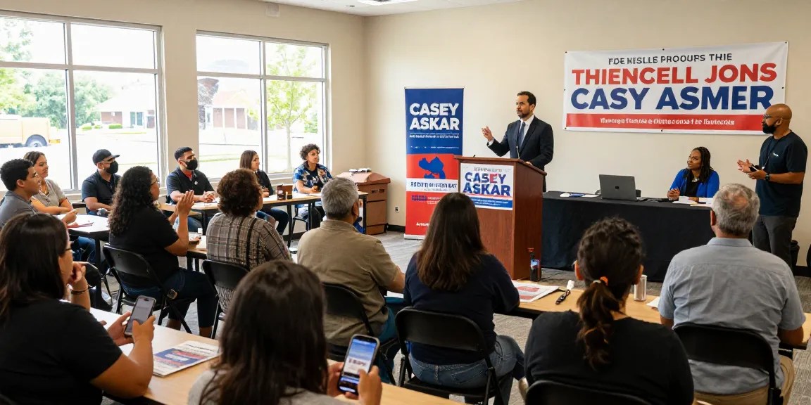 Casey Askar engaging with voters at a town hall meeting, showcasing community connection and political candidacy.