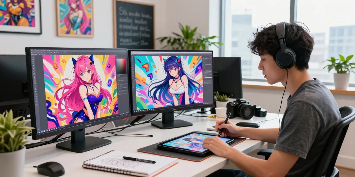 Creating stunning ai ecchi art in a modern digital studio environment with vibrant colors and inspiring decor.