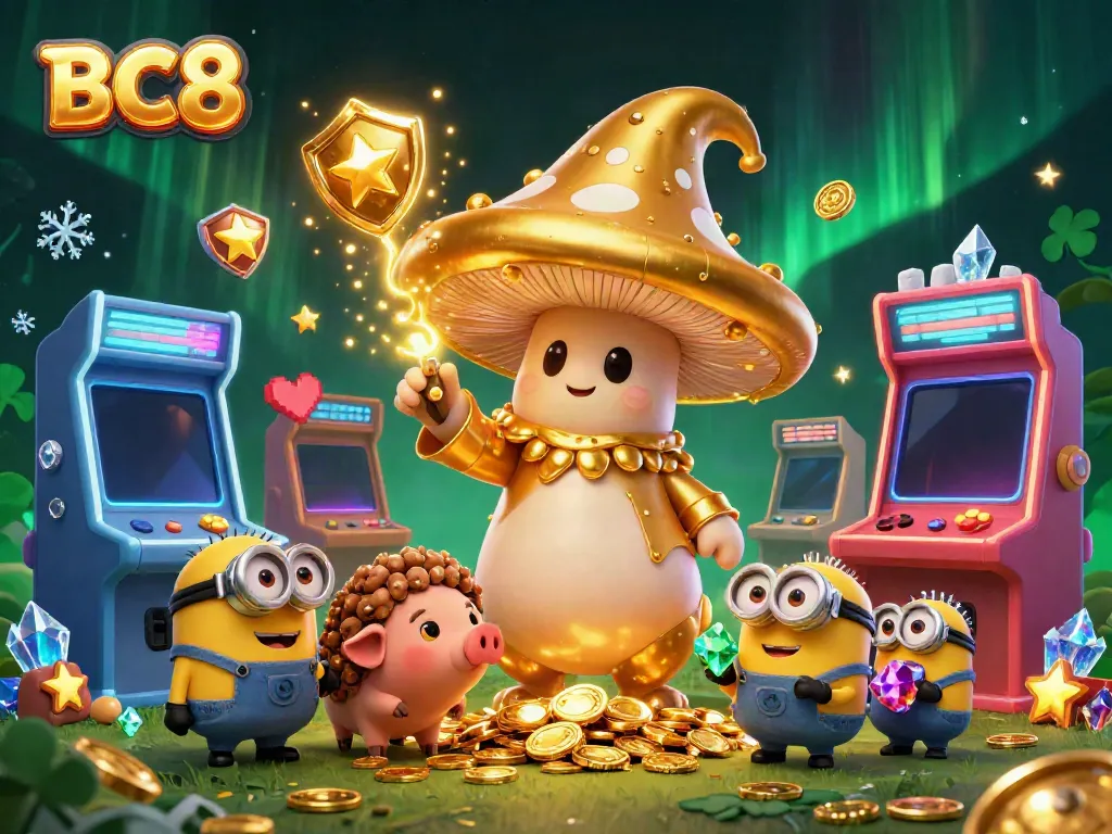 Engage with the magical world of BC8 featuring a golden mushroom wizard, colorful gaming elements, and treasures.