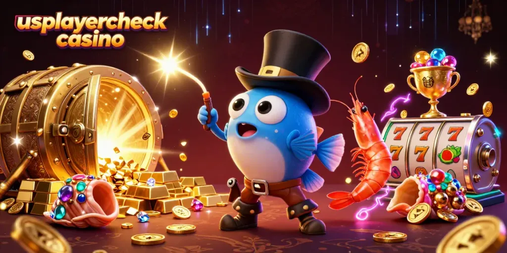 Win big with usplayercheck casino featuring anglerfish, shrimp, and a treasure snail amidst slot elements.