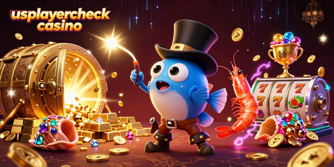 Win big with usplayercheck casino featuring anglerfish, shrimp, and a treasure snail amidst slot elements.
