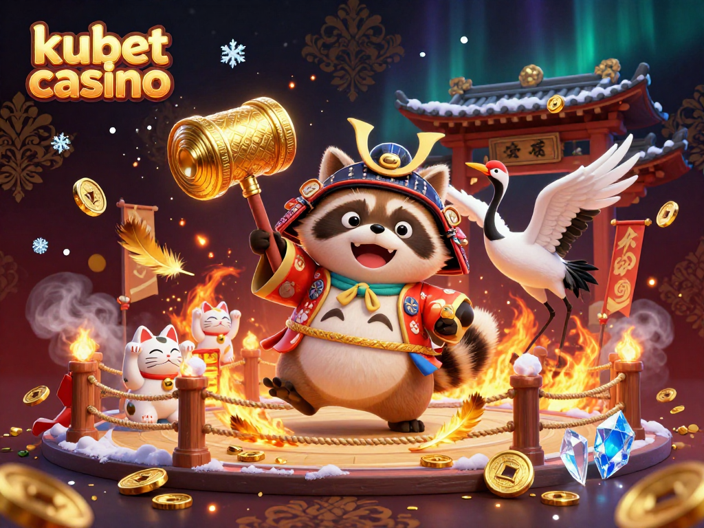 Experience the excitement of kubet casino with a vibrant 3D illustration featuring a cheerful tanuki and maneki-neko.