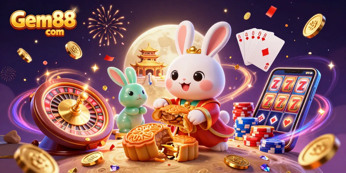 Engaging illustration of Gem88 com showcasing a lively casino atmosphere with characters, poker chips, and magical effects.