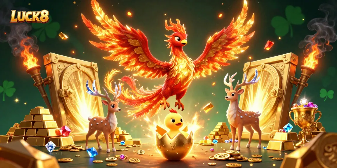LUCK8 casino illustration featuring a phoenix and treasures, captivating action scene.