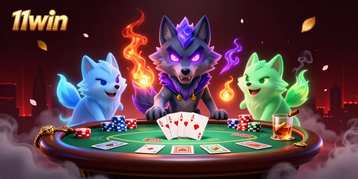 11win showcases an epic poker scene with spectral wolves, vibrant chips, and lively casino atmosphere.