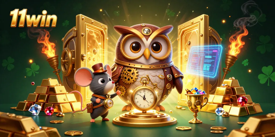 Experience the excitement of 11win with a vibrant steampunk owl and treasures in a captivating casino scene.