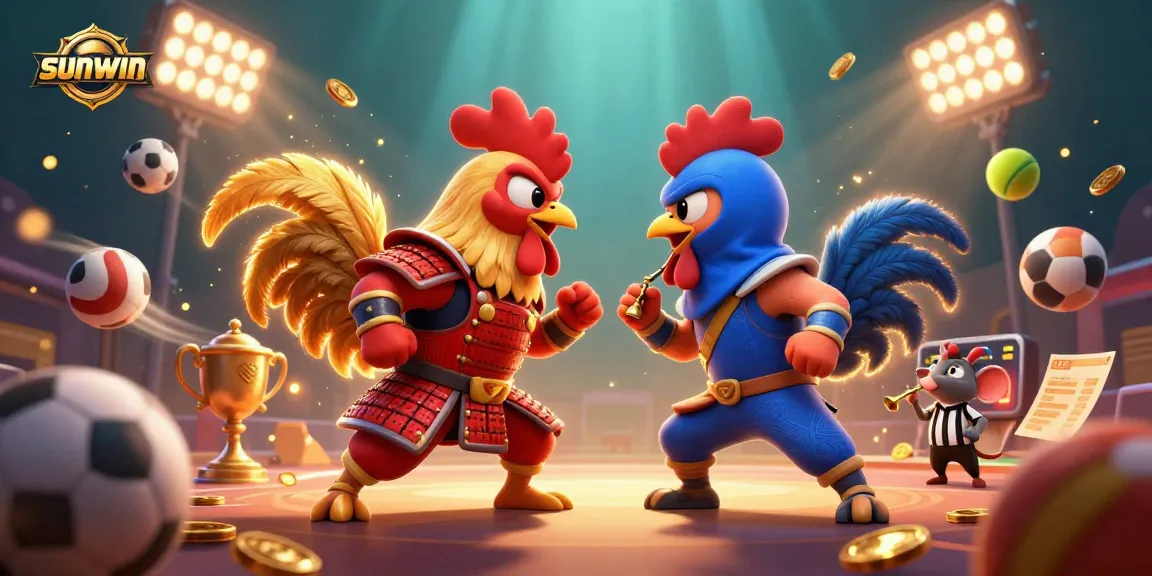 Engage in sports betting excitement with sunwin's dynamic casino-themed rooster standoff.