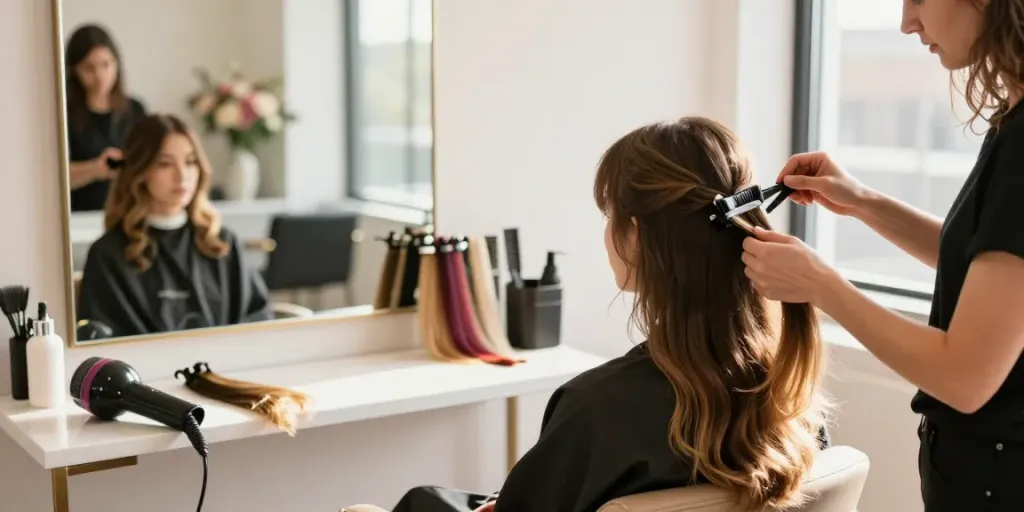 Stylist applying invisible clip in extensions in a chic salon, showcasing seamless blending.