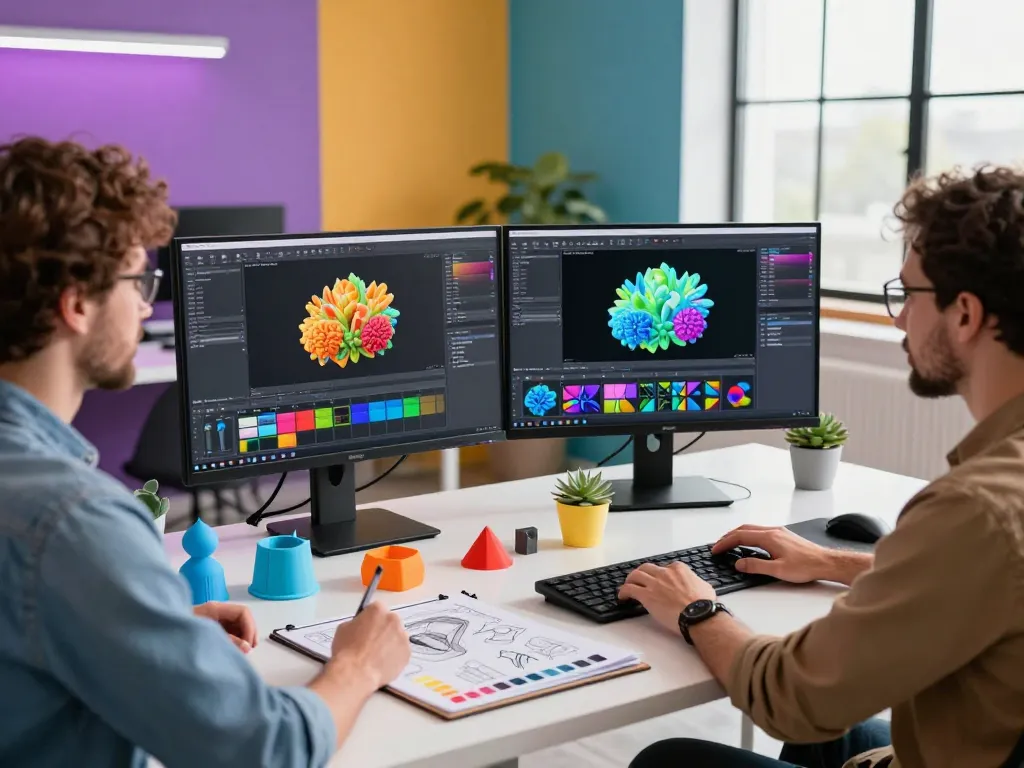 Creative professional using a 3D Model generator in a dynamic design studio.