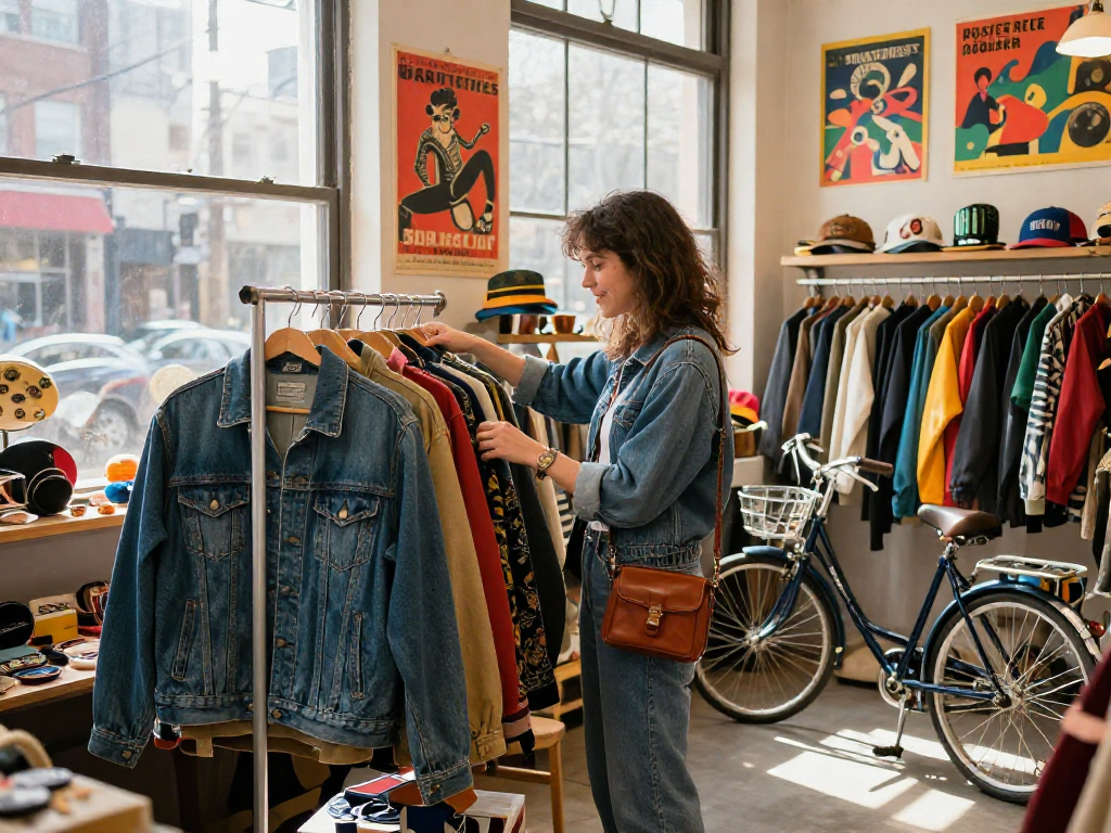 Discover rokok88 vintage fashion enthusiast browsing vibrant thrift store filled with eclectic clothing.