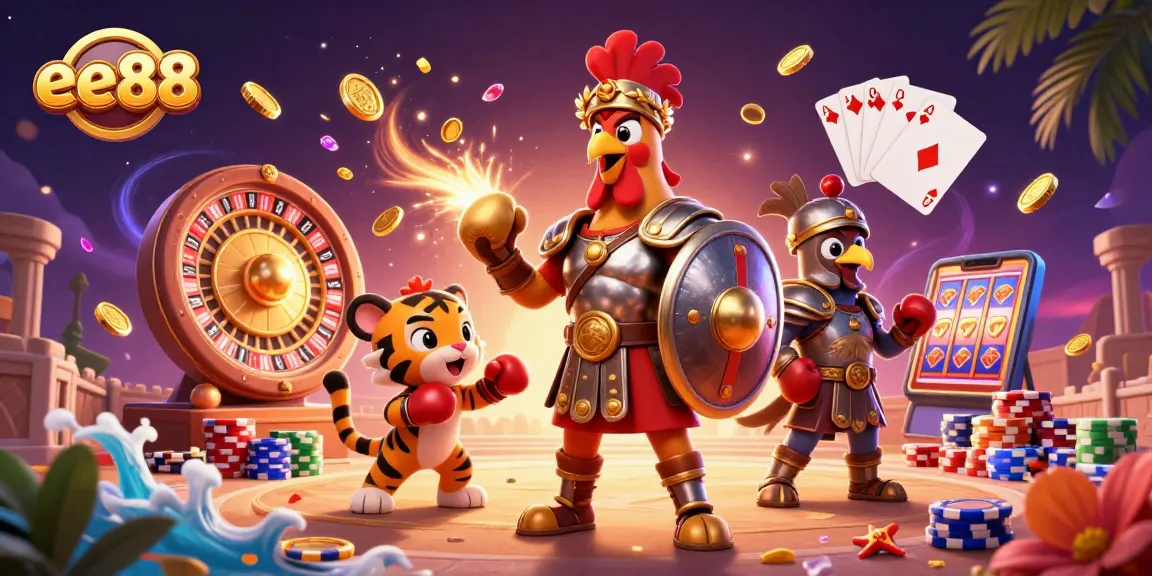 Experience the excitement of ee88 with a dynamic illustration of a gladiator rooster and gaming elements.