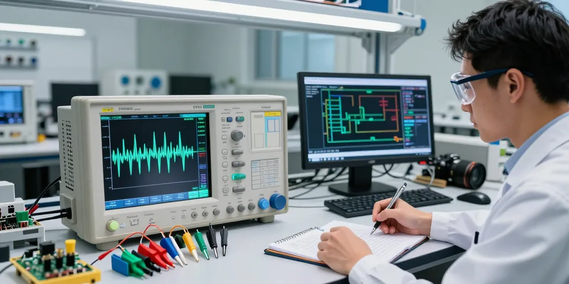 Engineer using a 2 Channel Digital Oscilloscope in a high-tech lab for precision testing and analysis.