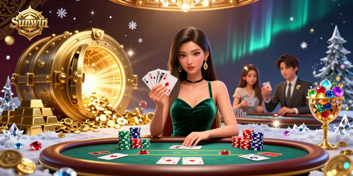 Engage with Sunwin's vibrant poker scene, showcasing a skilled player and impressive casino elements.