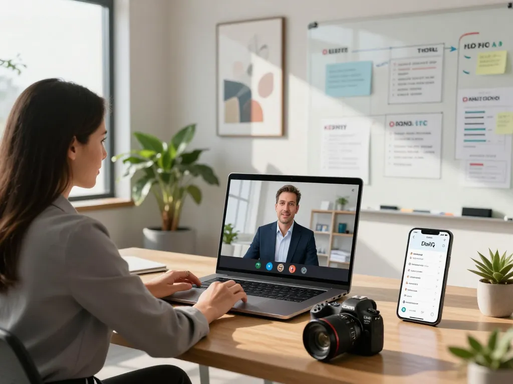 AI phone system in action with a businesswoman engaging in a video call, showcasing technology and collaboration.