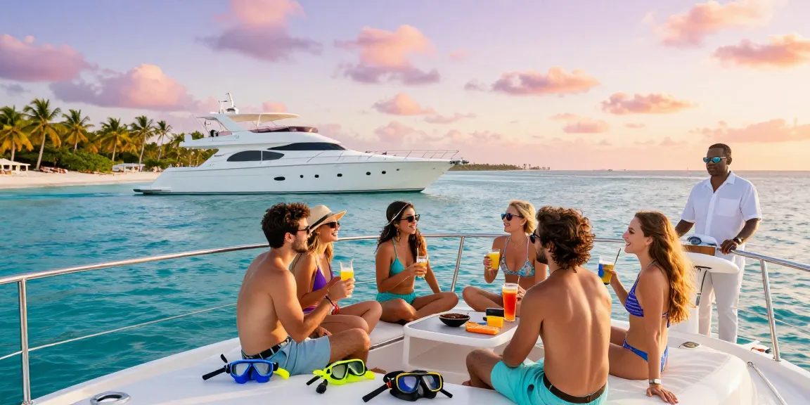 Enjoying yacht rental Punta Cana with friends on a luxury boat at sunset.