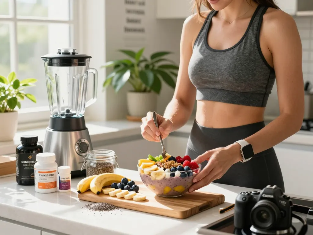 Vitamins and fresh ingredients for healthy smoothie bowl in a wellness kitchen.