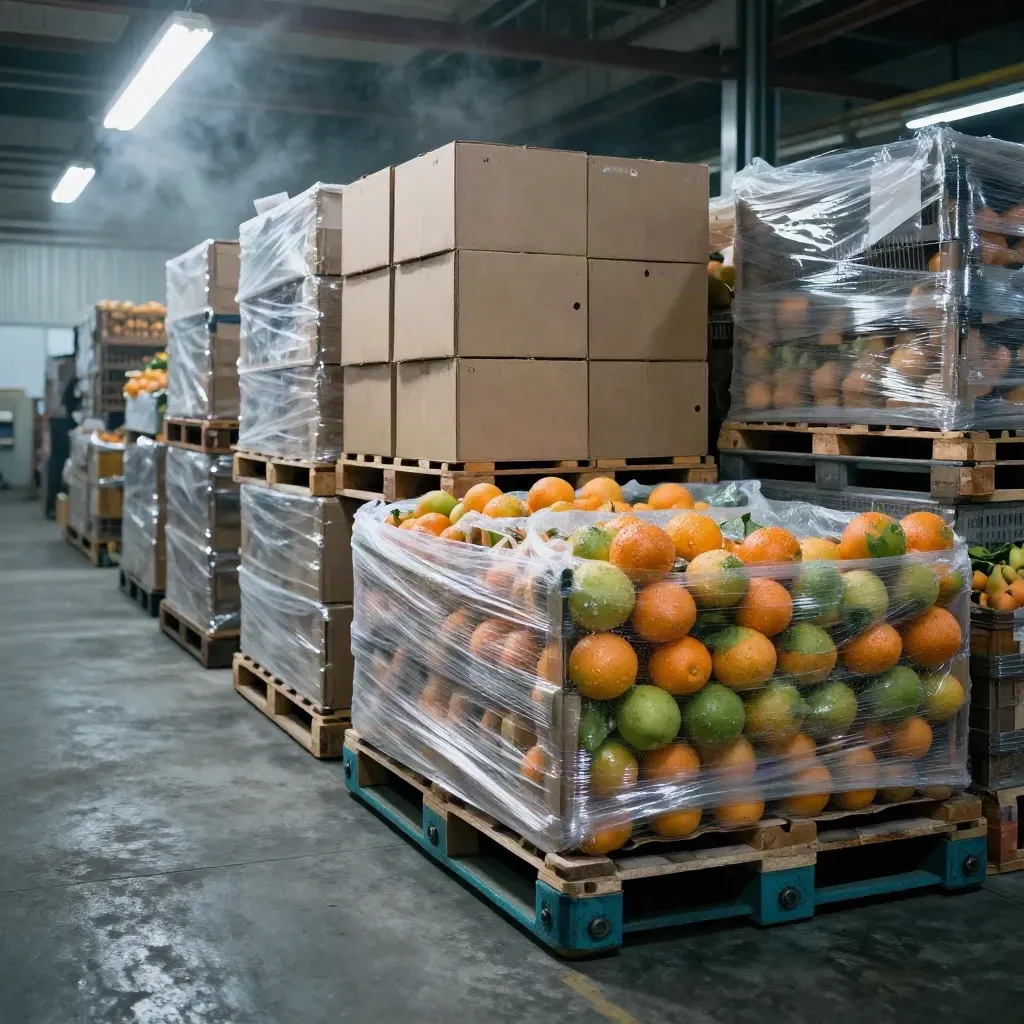 Cold grocery loading bay with citrus crates, shelf stock and a half-open produce pallet at dawn.