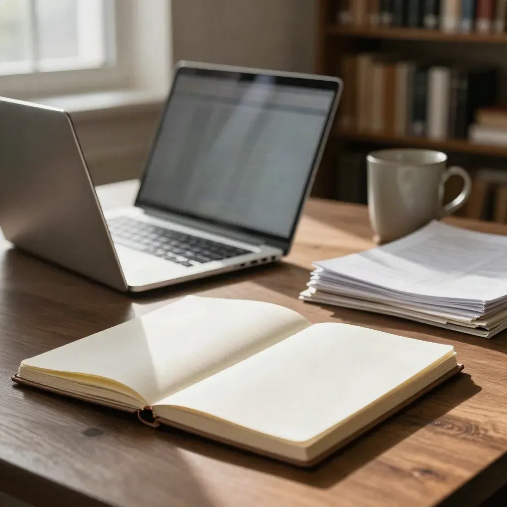 Open laptop, cream notebook, mug and clipped sheets on walnut desk in warm library light.