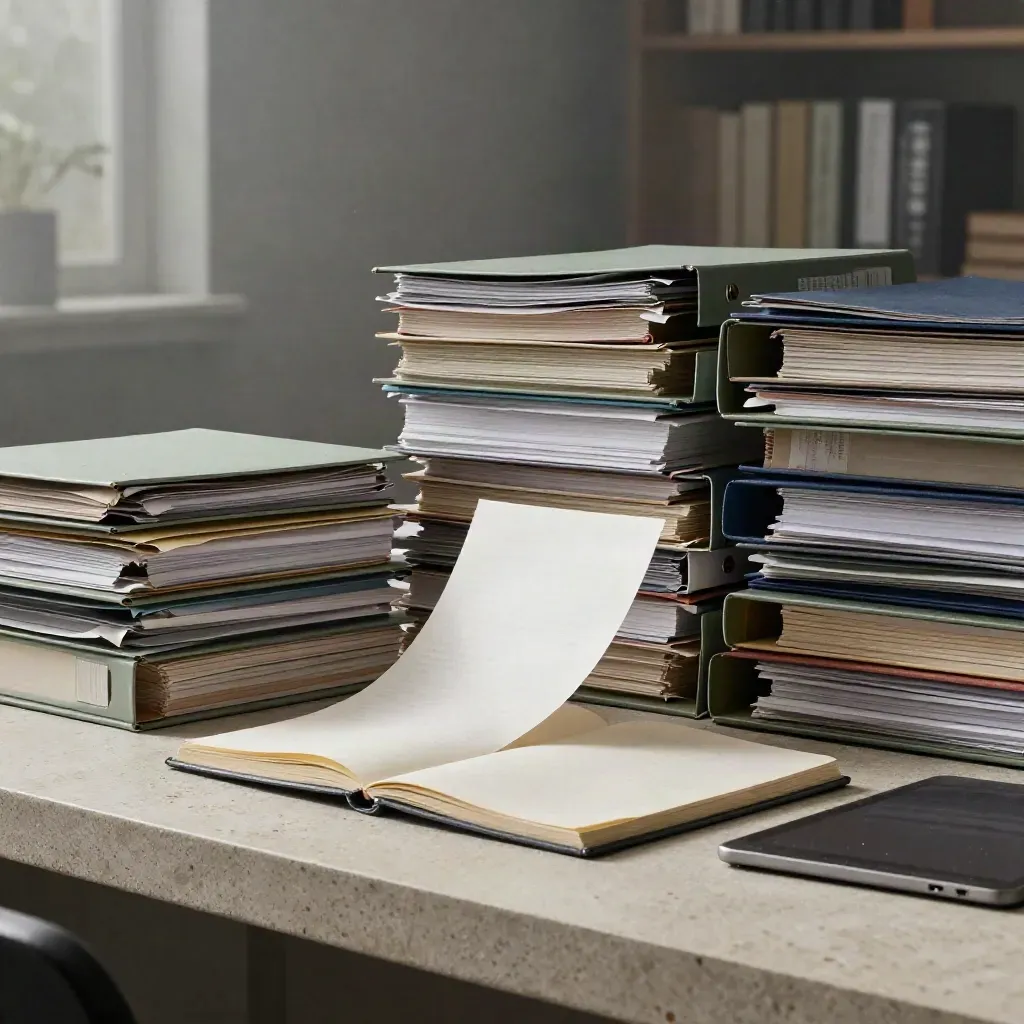 Macro of research folders, binders, proofs, notebook, and tablet on pale stone in moody light