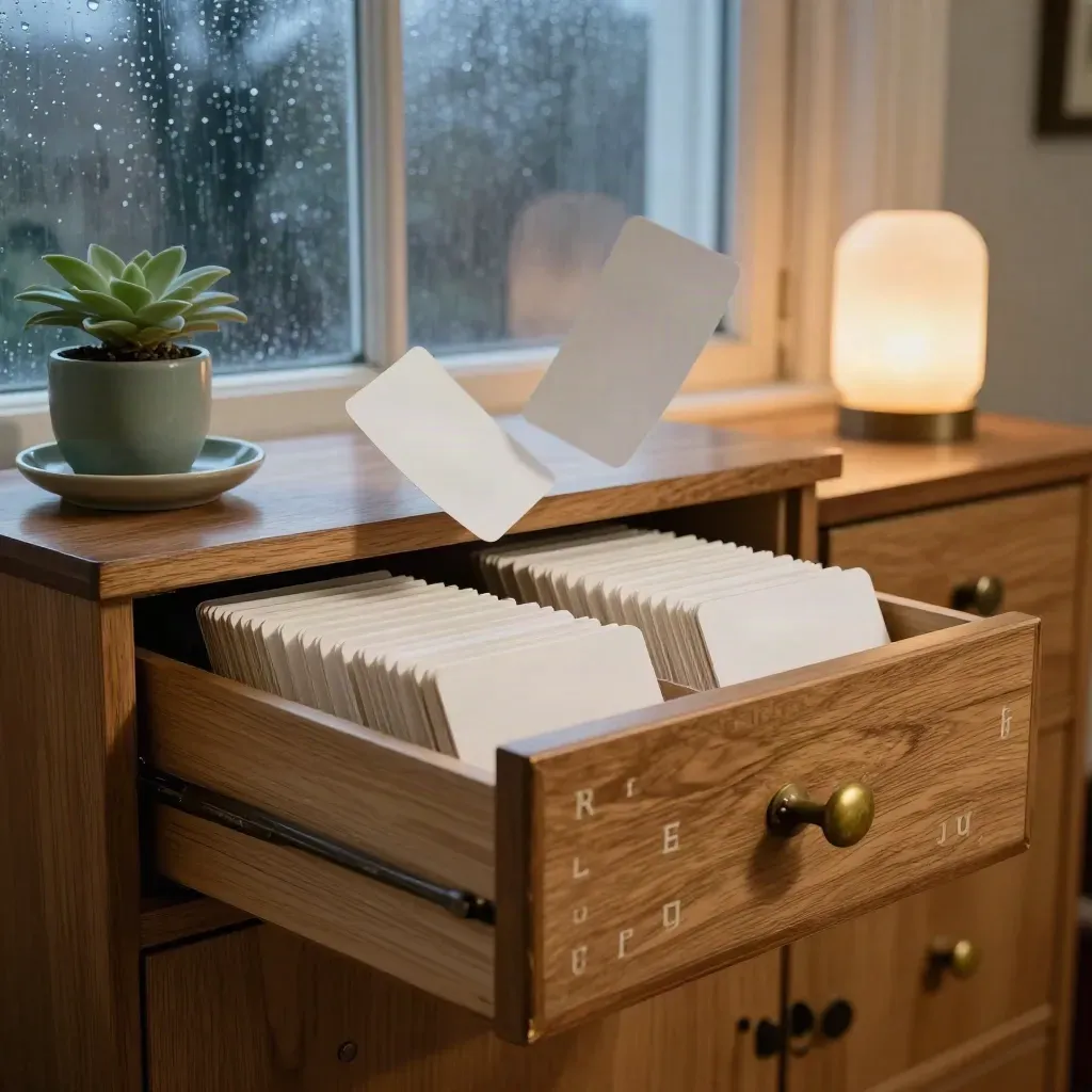 Open card catalog drawer with cards fanning out beside a lamp and small plant in blue-hour rain